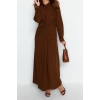 Fashion Regular Casual Daily Crinkle Woven Shirt Collar Long Sleeve Shift Maxi Length Hijab Dress