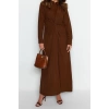 Fashion Regular Casual Daily Crinkle Woven Shirt Collar Long Sleeve Shift Maxi Length Hijab Dress