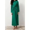 Fashion Regular Casual Daily Crinkle Woven Shirt Collar Long Sleeve Shift Maxi Length Hijab Dress
