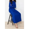Fashion Regular Casual Daily Crinkle Woven Shirt Collar Long Sleeve Shift Maxi Length Hijab Dress