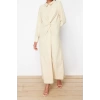 Fashion Regular Casual Daily Crinkle Woven Shirt Collar Long Sleeve Shift Maxi Length Hijab Dress