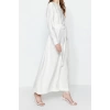 Moda Regular Günlük Keten Aerobin Dokuma Bisiklet Yaka Uzun Kol Shift Maxi Boy Tesettür Elbise