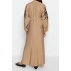 Moda Regular Günlük Keten Aerobin Dokuma Bisiklet Yaka Uzun Kol A-Line Maxi Boy Tesettür Elbise