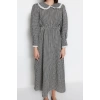 Fashion Regular Stylish Evening Dress Night Seersucker Woven V Neck Long Sleeve A-Line Midi Length Hijab Dress