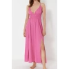 Fashion Regular Beach Casual Crinkle Woven V Neck Strappy Sleeve Basic Maxi Length Dress
