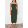 Fashion Fit Beach Casual Sandy Knitted Crew Neck Strappy Sleeve Bodycone Maxi Length Dress