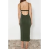 Fashion Fit Beach Casual Sandy Knitted Crew Neck Strappy Sleeve Bodycone Maxi Length Dress