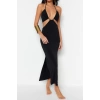 Fashion Fit Beach Casual Sandy Knitted Strapless Halter Sleeve Bodycone Maxi Length Dress