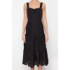 Fashion Regular Casual Daily Embroidered Woven Heart Neck Strappy Sleeve Skater Midi Length Dress