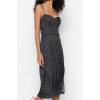Moda Regular Day Night Satin Woven V Neck Strappy Sleeve A-Line Midi Length Dress