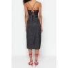 Moda Regular Day Night Satin Woven V Neck Strappy Sleeve A-Line Midi Length Dress