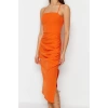 Moda Fit Mezuniyet Balo Finike Dokuma Kare Yaka Askılı Kol Bodycone Midi Boy Elbise