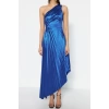 Fashion Fit Graduation Prom Satin Knitted Asymmetrical Neck Sleeveless Shift Midi Length Dress