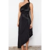 Fashion Fit Graduation Prom Satin Knitted Asymmetrical Neck Sleeveless Shift Midi Length Dress