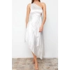 Fashion Fit Graduation Prom Satin Knitted Asymmetrical Neck Sleeveless Shift Midi Length Dress