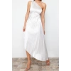 Fashion Fit Graduation Prom Satin Knitted Asymmetrical Neck Sleeveless Shift Midi Length Dress