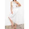 Fashion Fit Graduation Prom Satin Knitted Asymmetrical Neck Sleeveless Shift Midi Length Dress