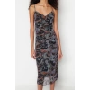 Fashion Slim Day Night Tulle Knitted V Neck Strappy Sleeve Bodycone Midi Length Dress