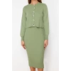 Moda Regular Casual Günlük Fitilli Triko Bisiklet Yaka Uzun Kol Bodycone Midi Boy Elbise