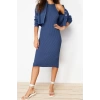 Moda Regular Casual Günlük Fitilli Triko Bisiklet Yaka Uzun Kol Bodycone Midi Boy Elbise