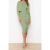 Moda Regular Casual Günlük Fitilli Triko Bisiklet Yaka Uzun Kol Bodycone Midi Boy Elbise
