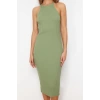 Moda Regular Casual Günlük Fitilli Triko Bisiklet Yaka Uzun Kol Bodycone Midi Boy Elbise