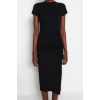 Moda Slim Day Night Lycra Jersey Knitted Crew Neck Short Sleeve Bodycon Midi Length Dress