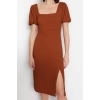 Fashion Regular Casual Daily Crepe Knitted Square Neck Short Sleeve A-Line Midi Length Dress