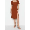 Fashion Regular Casual Daily Crepe Knitted Square Neck Short Sleeve A-Line Midi Length Dress