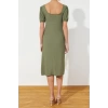 Fashion Regular Casual Daily Crepe Knitted Square Neck Short Sleeve A-Line Midi Length Dress