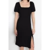Fashion Regular Casual Daily Crepe Knitted Square Neck Short Sleeve A-Line Midi Length Dress