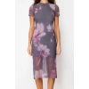 Fashion Slim Day Night Tulle Knitted Crew Neck Short Sleeve Bodycone Midi Length Dress