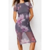 Fashion Slim Day Night Tulle Knitted Crew Neck Short Sleeve Bodycone Midi Length Dress