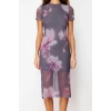 Fashion Slim Day Night Tulle Knitted Crew Neck Short Sleeve Bodycone Midi Length Dress