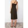 Moda Regular Day Night Scuba Crepe Knitted Asymmetrical Collar Strappy Sleeve A-Line Midi Length Dress