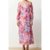 Fashion Regular Day Night Chiffon Woven Carmen Collar Three Quarter Sleeve A-Line Maxi Length Dress