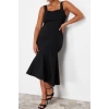 Moda Fit Casual Günlük İnterlok Örme Kare Yaka Askılı Kol Bodycone Midi Boy Büyük Beden Elbise