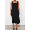 Moda Fit Casual Günlük İnterlok Örme Kare Yaka Askılı Kol Bodycone Midi Boy Büyük Beden Elbise