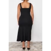 Moda Fit Casual Günlük İnterlok Örme Kare Yaka Askılı Kol Bodycone Midi Boy Büyük Beden Elbise