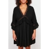 Fashion Fit Beach Casual Crinkle Woven V Neck Three Quarter Sleeve Basic Mini Length Plus Size Dress