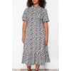 Fashion Fit Casual Daily Moss Crepe Woven Stand Collar Three Quarter Sleeve A-Line Midi Length Plus Size Dress