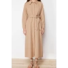Moda Regular Linen Look Woven Shirt Collar Long Sleeve Shirt Dress Long Length Hijab Dress