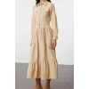 Moda Rahat Günlük Terrycotton Dokuma Gömlek Yaka Uzun Kol Gömlek Elbise Maxi Boy Tesettür Elbise