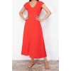 Moda Regular Business Crepe Woven V Neck Short Sleeve A-Line Midi Length Dress