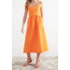 Fashion Regular Casual Daily Poplin Woven Square Neck Strappy Sleeve Skater Midi Length Dress