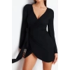 Moda Fit Plaj Günlük Krep Dokuma Kruvaze Uzun Kol Basic Mini Boy Elbise