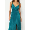 Fashion Casual Graduation Prom Pleated Knitted Double Breasted Halter Sleeve Skater Midi Length Dress