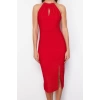 Fashion Fit Graduation Prom Finike Woven Halter Neck Sleeveless Shift Midi Length Dress