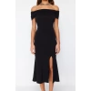 Fashion Fit Graduation Prom Sandy Knitted Carmen Collar Short Sleeve Shift Midi Length Dress