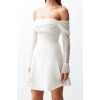 Fashion Fit Wedding Nikah Finike Woven Carmen Collar Long Sleeve Skater Mini Length Dress